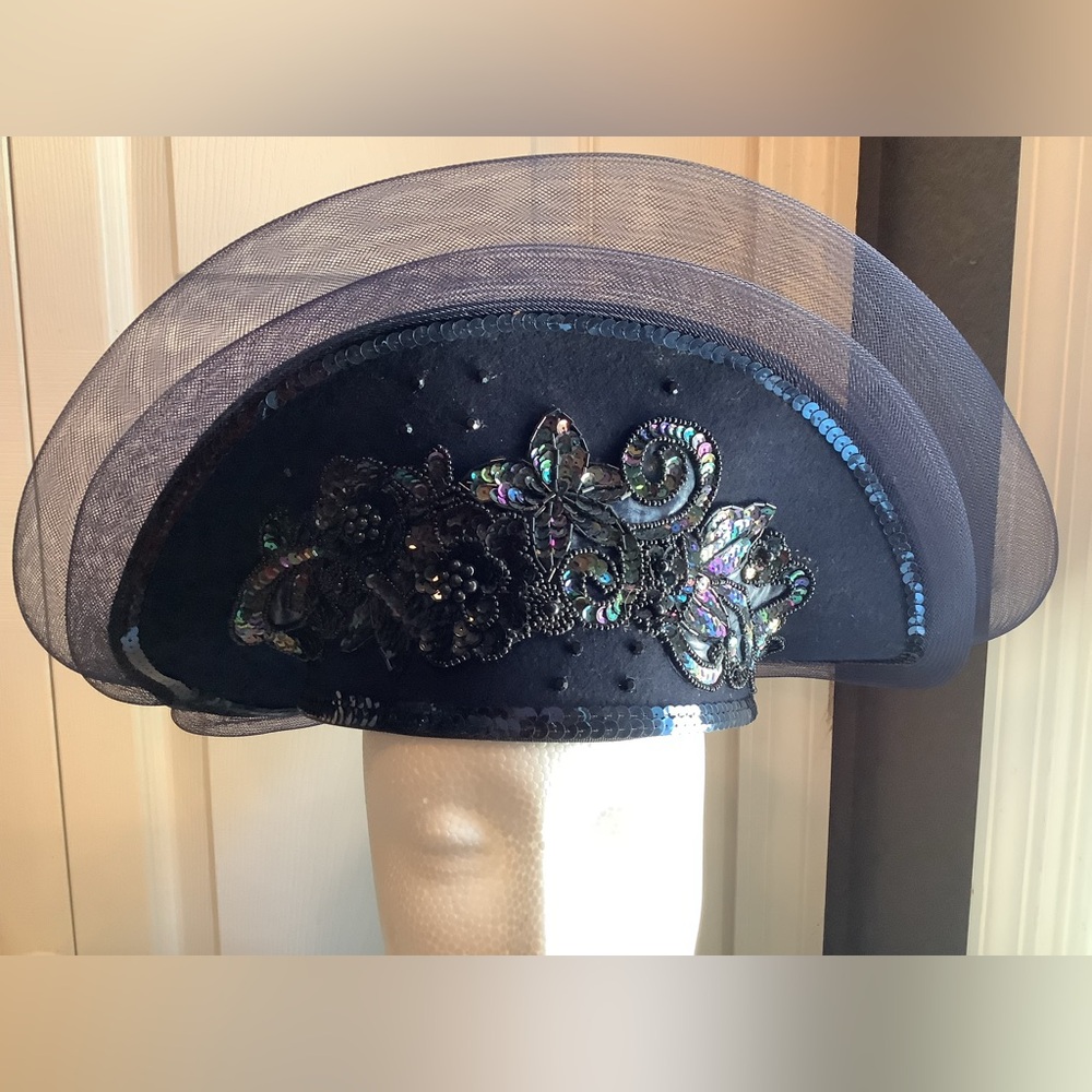 Navy Blue wool hat with sequin & mesh trim! USA Made, pre-loved & gorgeous!
